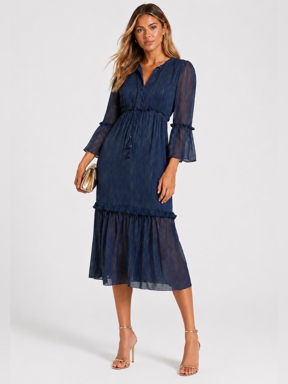 Rachel Zoe Navy Blue Midi Dress with Tie Waist and Ruffle Hem